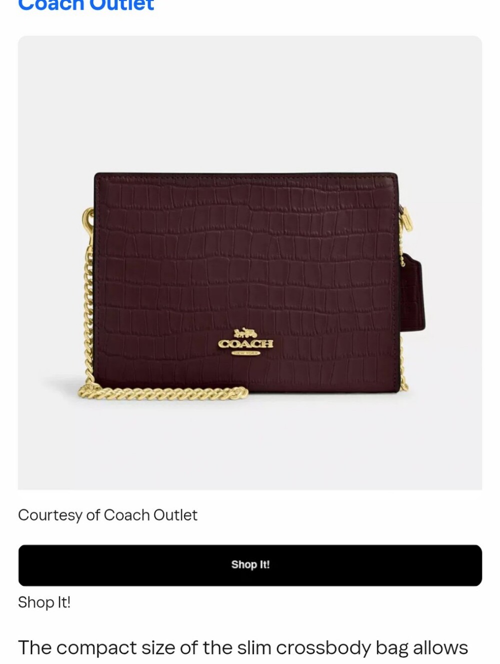 Coach Croc-Embossed Crossbody Bag - Merlot with Gold Hardware